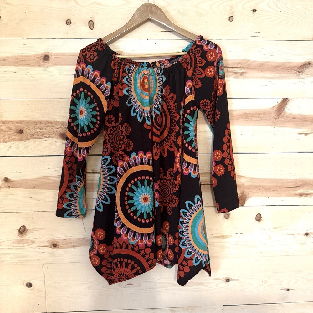 Win-Win Womens Medium Boho Hippie Tunic Top Long Sleeve Floral Multicolor